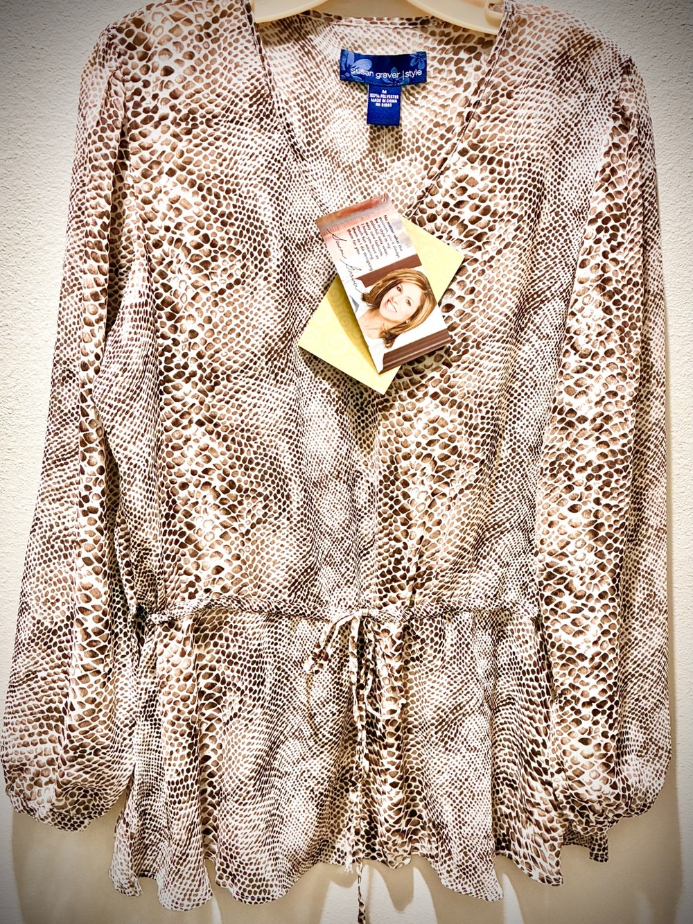 Susan Graver Beige and Brown Snake-Print V-Neck Drawstring Peplum Top (medium)